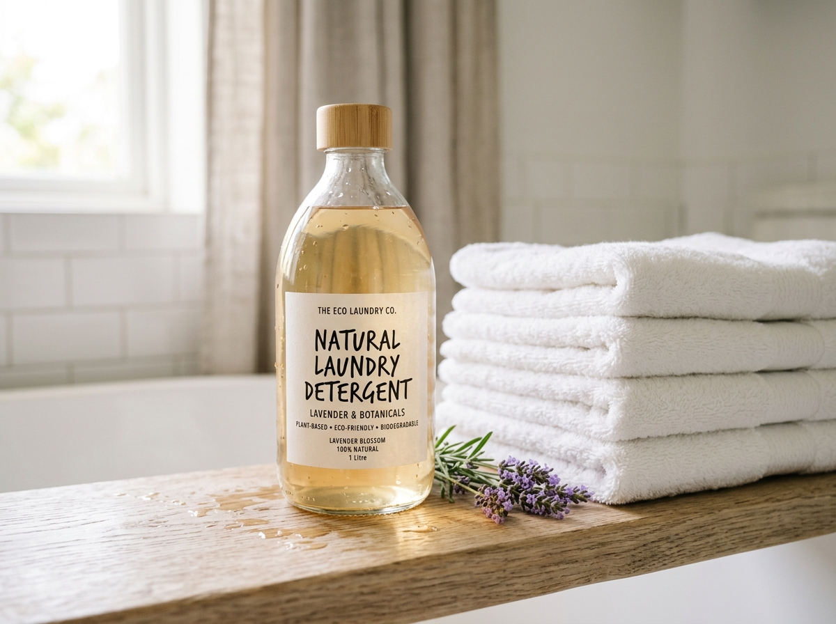 Detergente natural botánico y toallas de algodón blanco con flores de lavanda