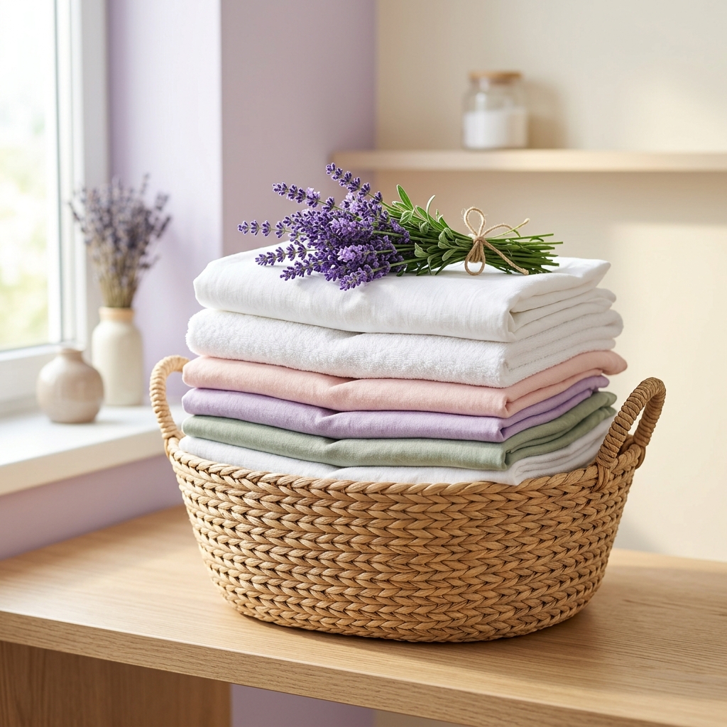 Ropa limpia y doblada con flores de lavanda en un cesto artesanal