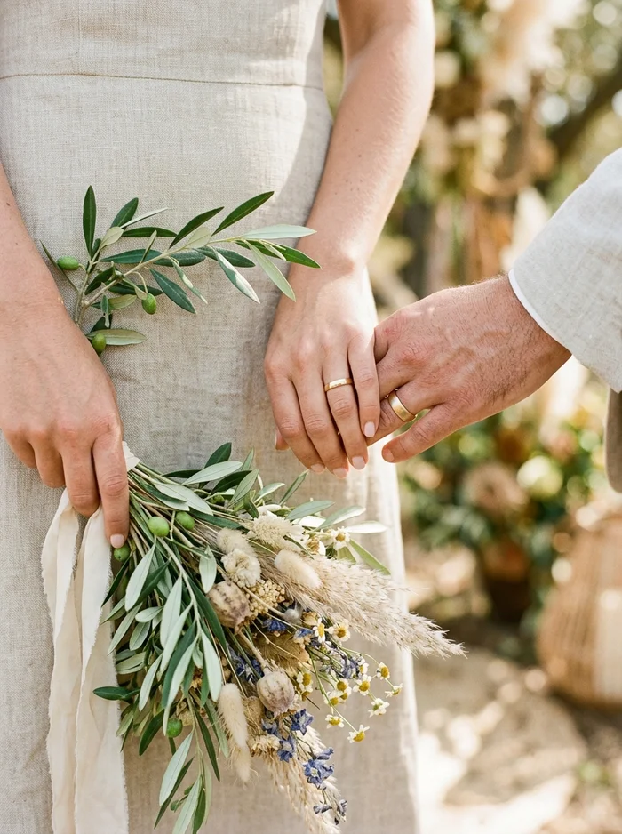 Detalle de alianzas de boda y ramo de olivo con flores silvestres