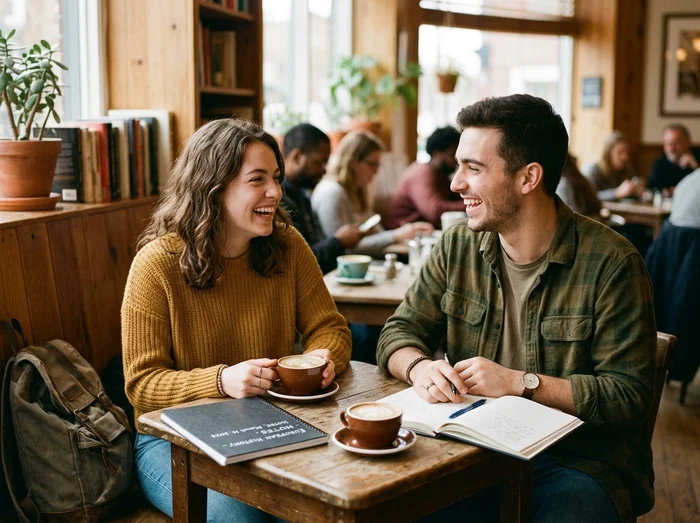 Camila y Mateo compartiendo un café en sus inicios
