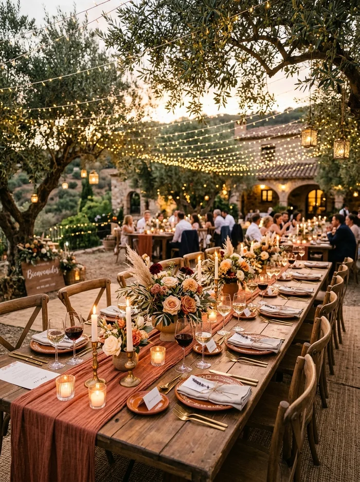 Banquete de boda al atardecer bajo guirnaldas de luces cálidas