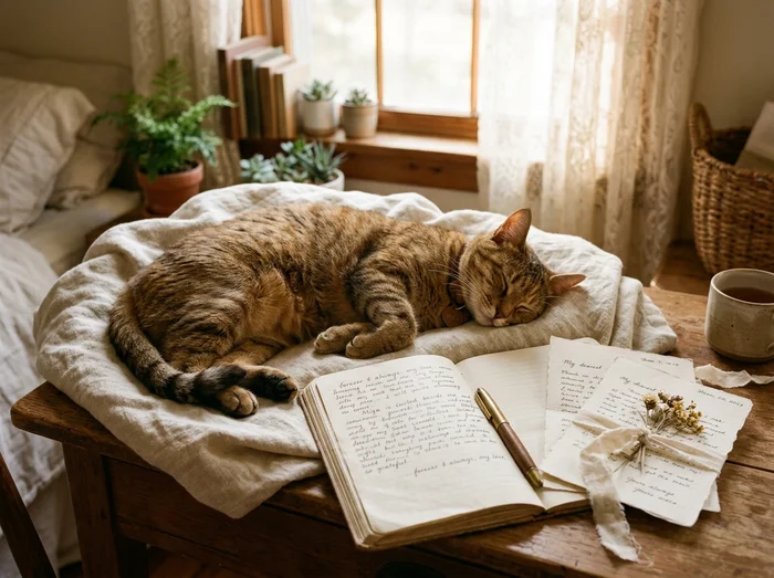 Miga descansando plácidamente sobre las cartas de amor
