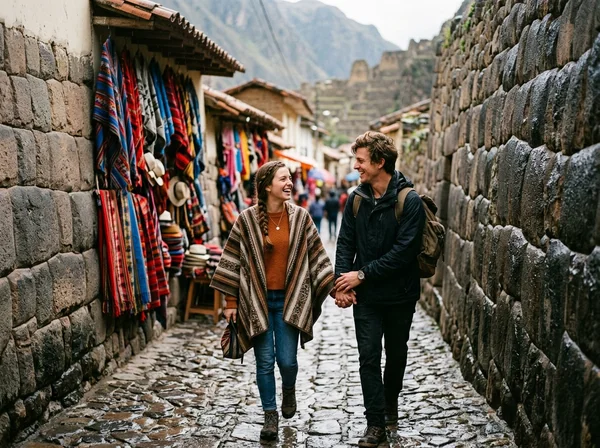 Camila y Mateo caminando felices por las calles empedradas de Cusco