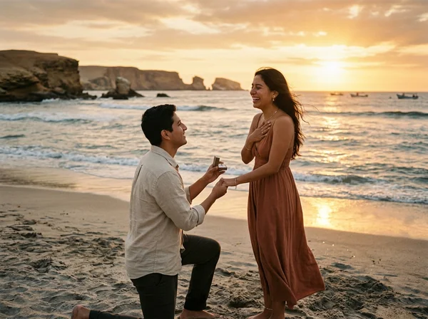 Mateo pidiéndole matrimonio a Camila en la playa al atardecer