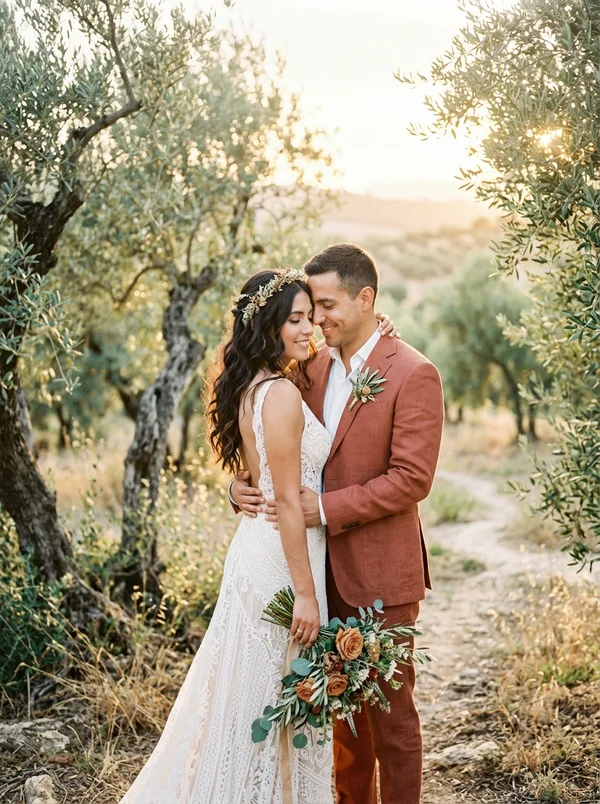 Camila y Mateo vestidos de novios caminando entre los árboles de olivo